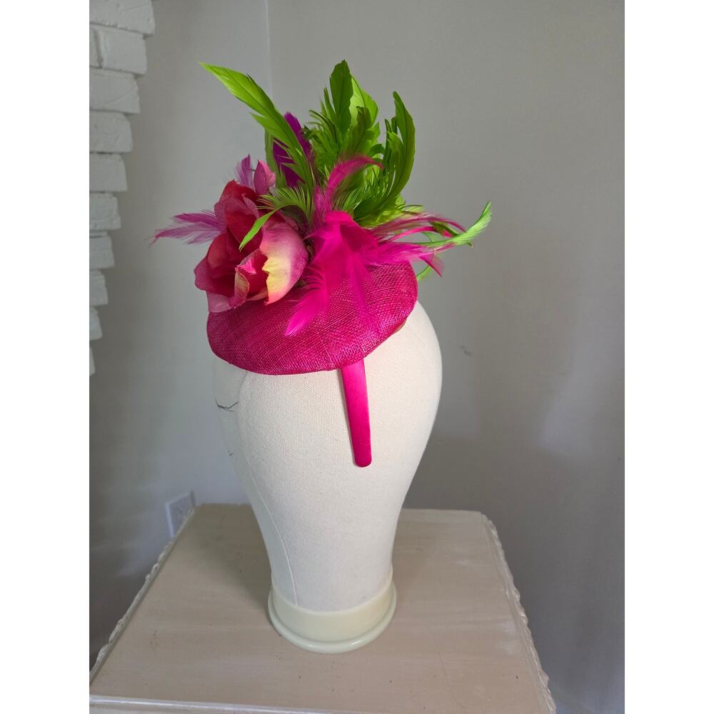 Custom Handmade Fuschia Lime Green Kentucky Derby Hat Fascinator Satin Headband - Picture 3 of 7